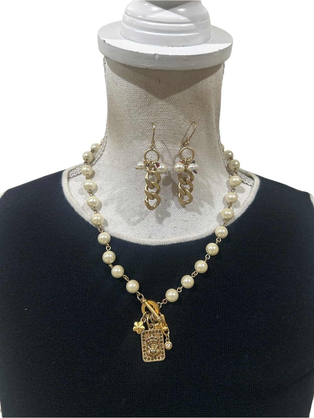 CAbi Cream Pearl Necklace matte Gold Charm Cluster & drop chain earrings set